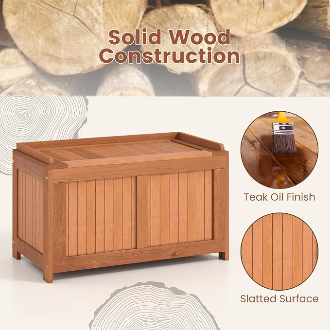 HAPPYGRILL Outdoor Wood Deck Box with Flip Top, Patio Storage Bench for Garden, Poolside, Backyard, 52 Gallon