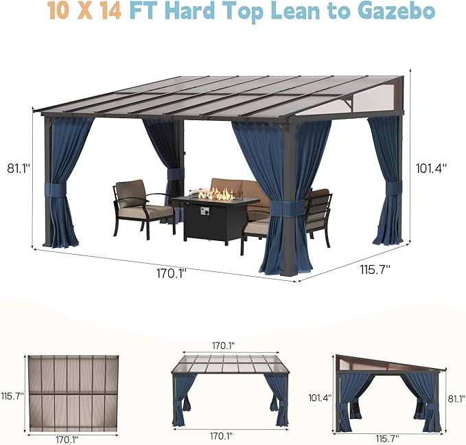10' x 14' Lean to Gazebo,Large Wall Mount Heavy Duty Gazebos Pavilion,Outdoor Hardtop Pergola Shelter with Curtains and Netting,Sunshade for Patio Garden Lawn Backyard Deck,Navy Blue