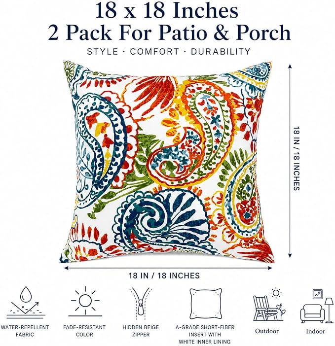Outdoor/Indoor Throw Pillows with Inserts, 18"x18" Pack of 2 | Fade Resistant, Waterproof Decorative Pillows for Bed, Couch, Sofa, Patio, Garden & Terrace Furniture Cushions