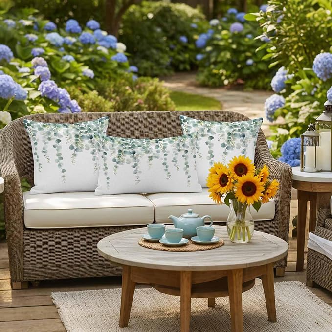 Eucalyptus Leaves Waterproof Outdoor Pillow Covers Set of 2 Home Decor, Pastoral Rustic Botanical Watercolor Pillowcase Patio Pillow Covers for Couch Bench Furniture Garden 18x18in