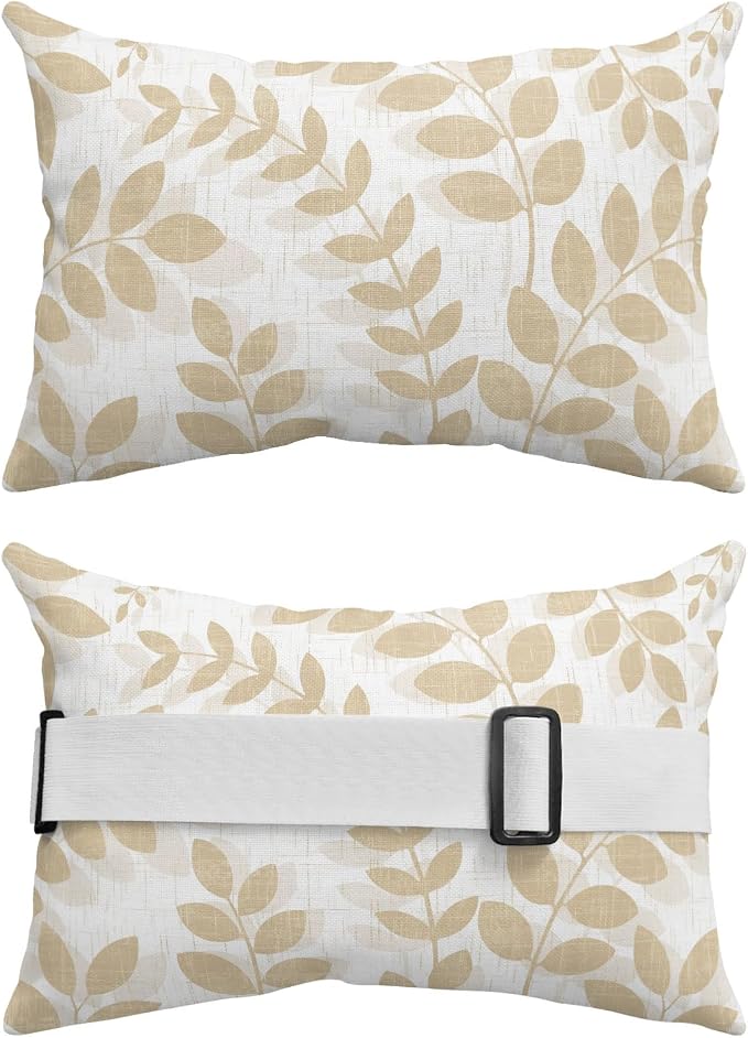 Chaise Lounge Headrest Pillow 1 Pack, Cream Leaves Waterproof Chair Pillows with Insert & Adjustable Elastic Strap for Beach Recliner, Summer Farmhouse Botanical Leaf Boho Branch Outdoor Patio Pillow