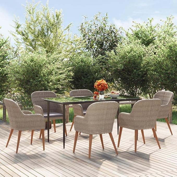 7 Piece Acacia Wood Patio Dining Set with Brown Cushions, Tempered Glass Tabletop, Powder-Coated Steel Frame, Removable Foam-Filled Cushions for Outdoor Garden