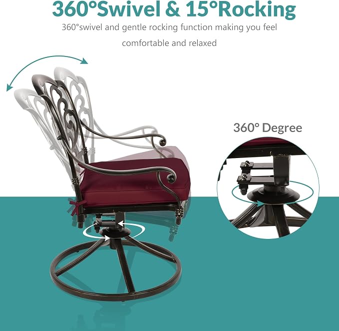MEETWARM 5-Piece Outdoor Patio Dining Set, All-Weather Cast Aluminum Patio Conversation Set for Backyard Garden Deck with 4 Cushions Swivel Rocker Chairs and 35.4" Square Table, Chili Red