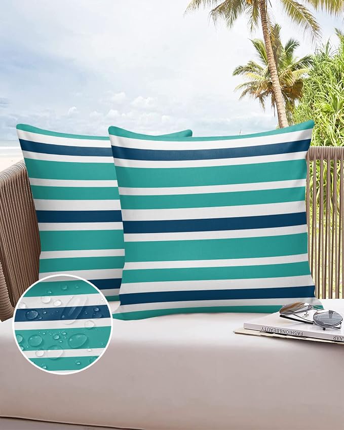 Outdoor Waterproof Throw Pillow Covers Set of 2 Navy Blue Turquoise Stripes Decorative Outdoor Pillows Cushion Case 20x20 Inch Teal Striped Patio Pillows for Couch Sofa Bed Garden Office Home Decor