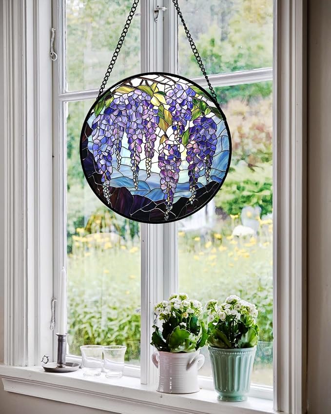 Stained Glass Window Hanging, Wisteria Flower Sun Catcher for Door Home Decor Purple and Blue Suncatcher Christmas Mother's Day Birthday Gifts for Women Men Mom and Nana 6.3 in