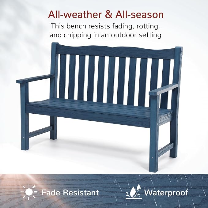 Stoog 4-Piece Patio Furniture Set, All-Weather HIPS Outdoor Dining Set, Includes 1 Bench, 2 Chairs, 1 Coffee Table, Blue