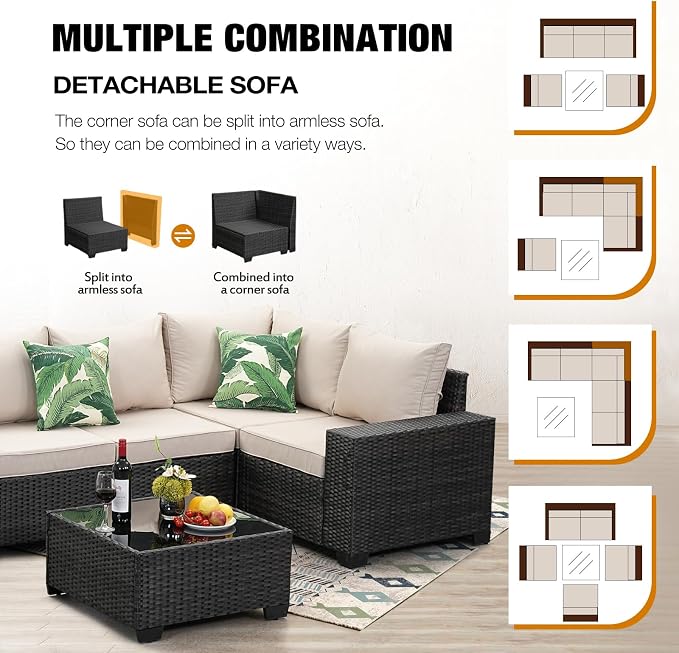 JOYURE 6 Pieces Patio Furniture Set All-Weather Outdoor Wicker Sectional Conversation Sofa Rattan Patio Seating Sofa with Cushion and Glass Table for Porch Poolside,Beige