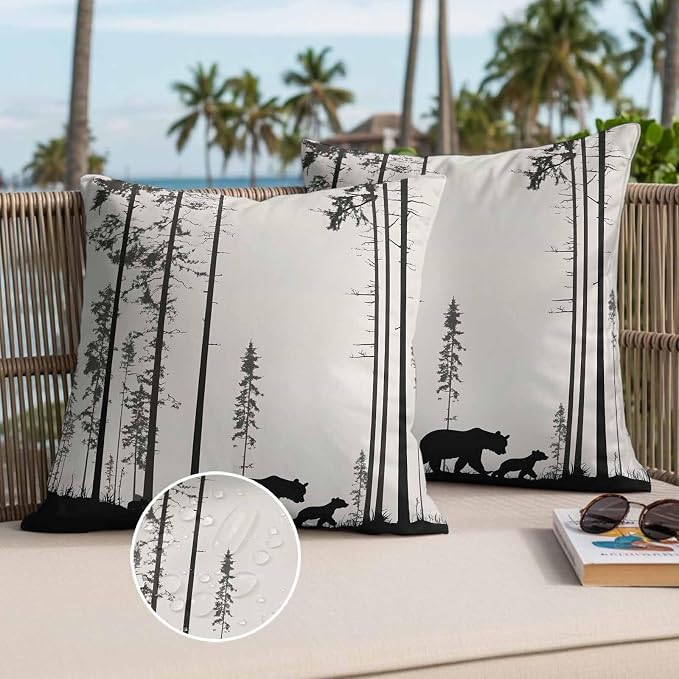 Abstract Outdoor Waterproof Throw Pillow Covers Set of 2, 24"x24", Animal Bear Family Forest Trees Silhouette Decorative Pillow Covers Outside Cushion Case for Patio Porch Garden
