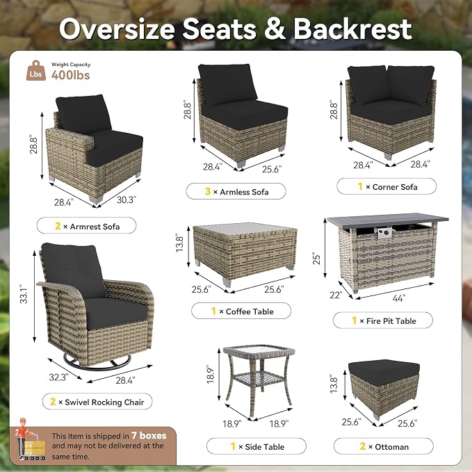LazySunsets Luxury Patio Furniture Set with Fire Pit Table, All-Weather Patio Sectional Sofas with Thickened Cushions, 13 Piece Outdoor Furniture Set with Swivel Rocker Chairs & Ottomans, Black