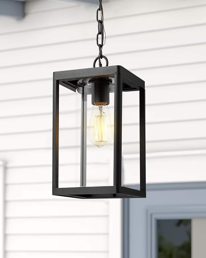 Beionxii Outdoor Pendant Light, Modern Exterior Hanging Porch Lantern | Hardwired 120V, Black Cast Aluminum w/Clear Cylinder Glass (15" x 7.1") for Coastal Pillars, Paths, Porch, A291H-1PK