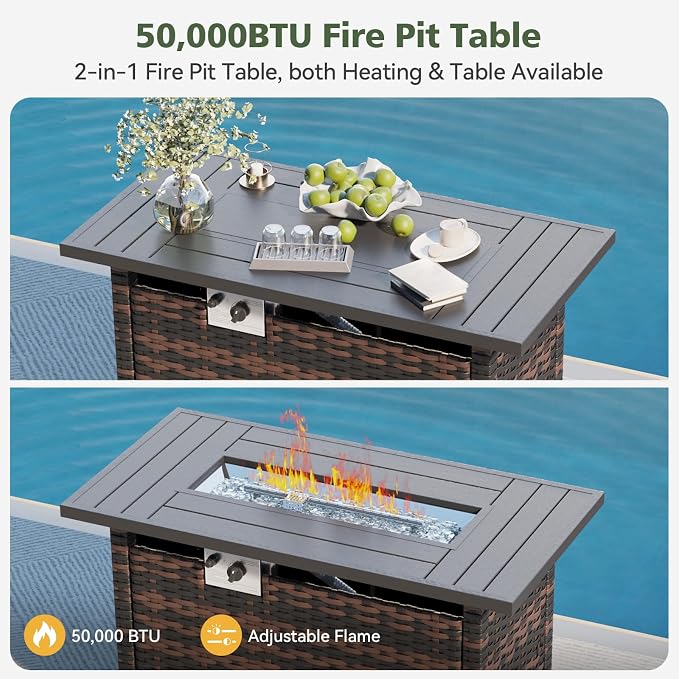 Aoxun 14 Piece Outdoor Patio Furniture Set with 44'' Fire Pit Table, Wicker Rattan Outdoor Furniture with High Back Swivel Rocker Chairs, Outdoor Conversation Set with Thick Cushion, Beige