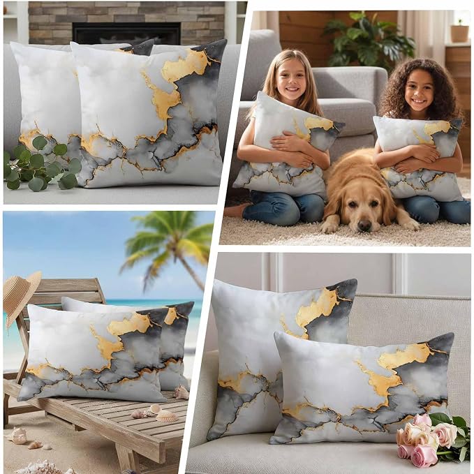 Abstract Marble Texture Outdoor Waterproof Throw Pillow Covers Set of 2, 20"x20", Grey White Gradient Gold Crack Art Decorative Pillow Covers Outside Cushion Case for Patio Porch Garden