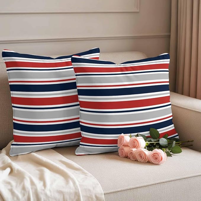 Red Navy Blue Striped Outdoor Pillow Cover 26x26 Inch Cushion Sham Case, Farmhouse Stripes Modern Abstract Art Waterproof Decorative Square Throw Pillowcase for Outside Garden Patio Porch Couch Chair