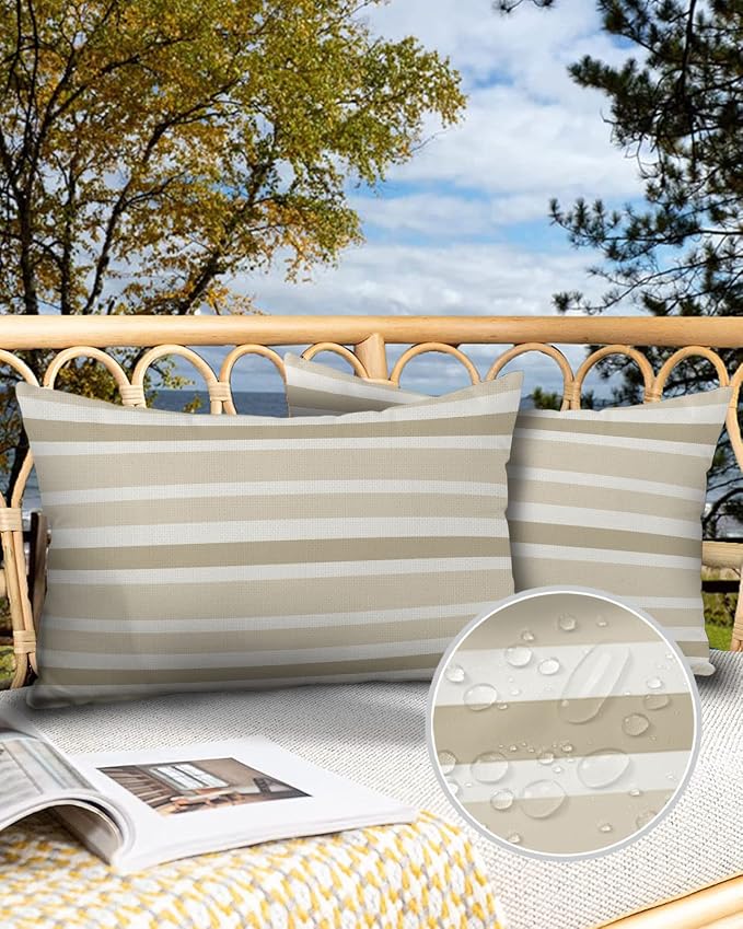 Outdoor Waterproof Pillow Covers for Patio Beige Stripe Farmhouse Decorative Throw Pillow Cover Beige White Stripe Pillowcases Set of 2 Cushion Case for Sofa Couch Chair Home Decor 20 x 12 Inches