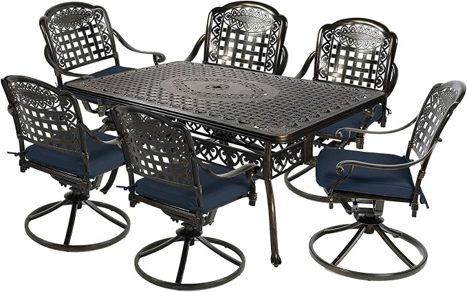 MEETWARM 7-Piece Outdoor Patio Dining Set, All-Weather Cast Aluminum Patio Conversation Set with 6 Cushioned Swivel Rocker Chairs for Backyard Garden Deck, 1 Rectangular Table, Navy Blue