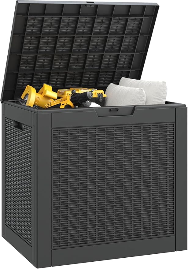Outdoor Storage Box, 30 Gallon Resin Deck Boxes Outdoor Waterproof For Patio Furniture, Garden Tools, Pool Supplies, Lockable And UV Resistant (Rattan Black)
