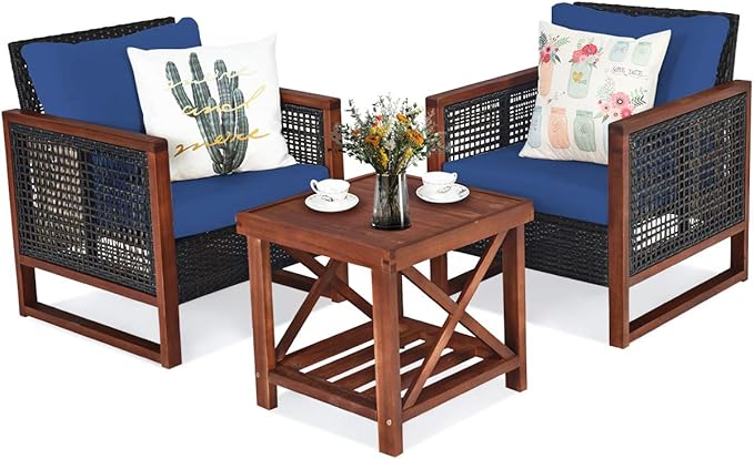 Tangkula 3 Pieces Patio Wicker Furniture Set, Rattan Outdoor Sofa Set w/Washable Cushion & Acacia Wood Coffee Table, Conversation Bistro Set for Garden Balcony Backyard (Blue)