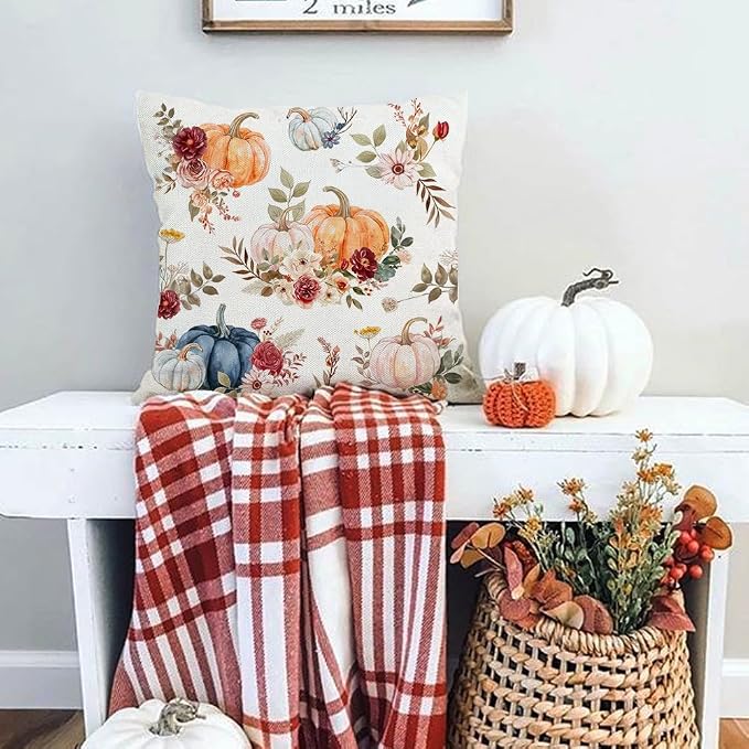 RABUSOFA Fall Pillow Covers 18x18 Inch Set of 2 Orange Pink Dark Blue Pumpkin Rust Floral Thanksgiving Autumn Harvest Outdoor Throw Cushion Cases Seasonal Fall Farmhouse Decorations for Home Couch