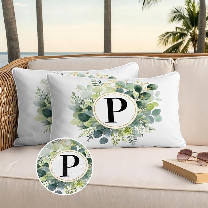 Letter P Waterproof Outdoor Pillow Covers Set of 2 Home Decor, Alphabet Green Eucalyptus Leaves Lumbar Pillowcase Patio Pillow Covers for Couch Bench Patio Furniture Garden 20x12in