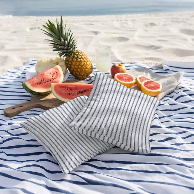 Navy Blue Striped Outdoor Pillow Covers 24x24 Inch Throw Pillow Covers Set of 2 Waterproof Decorative Pillow Cases Navy Blue White Stripes Farmhouse Cushion Covers for Patio Furniture Garden Couch