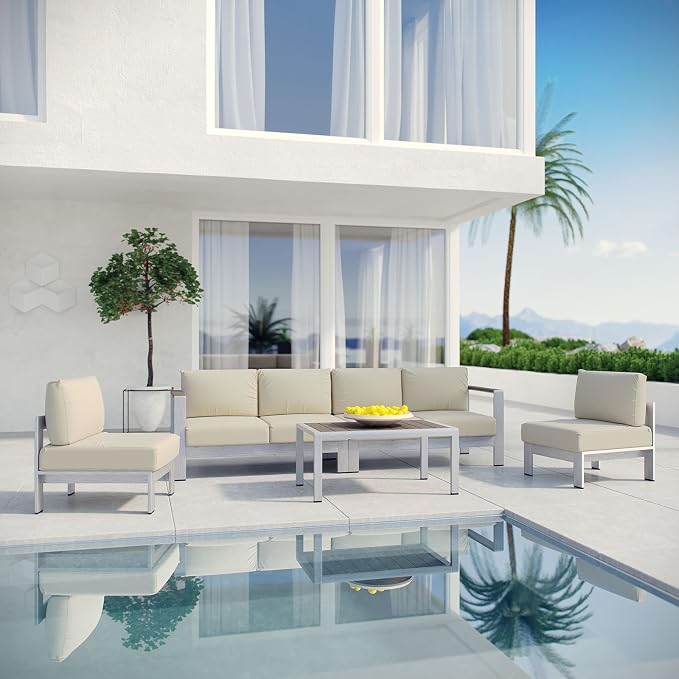 Modway Shore 5-Piece Aluminum Outdoor Patio Sectional Sofa Set in Silver Beige