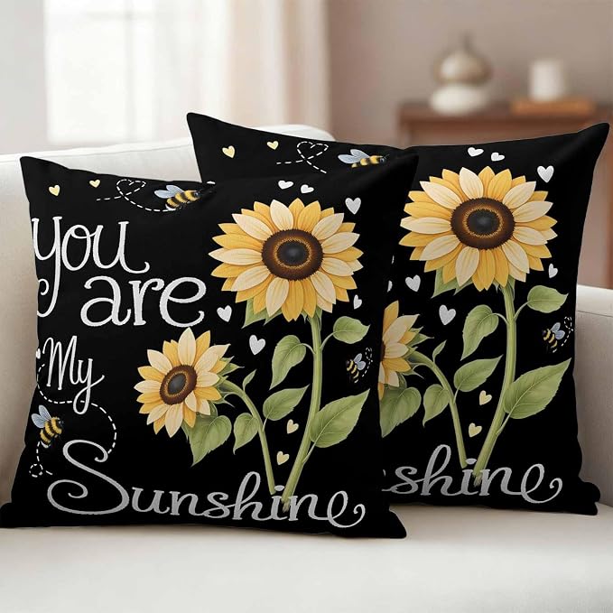Outdoor Pillow Covers You are My Sunshine Words Decorative Throw Pillow Covers, Country Sunflowers Bees Throw Cushion Case with Zipper for Patio,Couch,Sofa,Garden 18x18in Set of 2