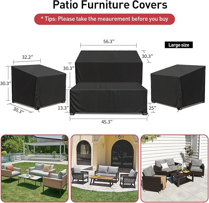 Patio Furniture Covers, 4 Piece Heavy Duty Waterproof Outdoor Furniture Cover with Windproof Buckle Strap, Rattan Wicker Patio Furniture Set Cover for Chair Sofa Black (Black, Large)