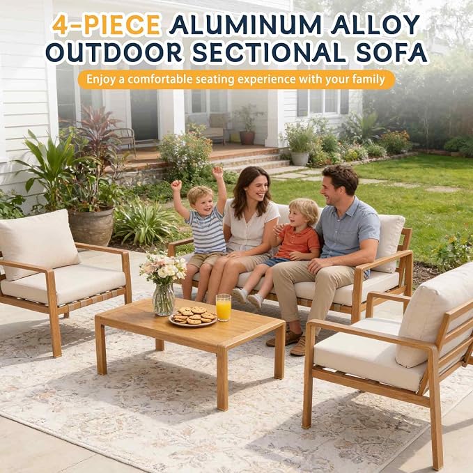 4-Piece Outdoor Patio Furniture Set, All-Aluminum Frame with Wood Grain Finish, Cushioned Loveseat, 2 Armchairs & Plastic Wood Coffee Table, Modern Patio Seating for Backyard & Balcony