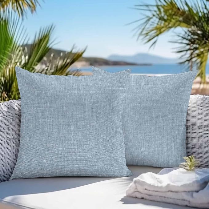 Vandarllin Outdoor Throw Pillows Covers 20x20 inch Set of 2 Waterproof Sky Blue Linen Decorative Zippered Cushion Covers for Patio Furniture, Farmhouse Pure Color Lumbar Pillowcases