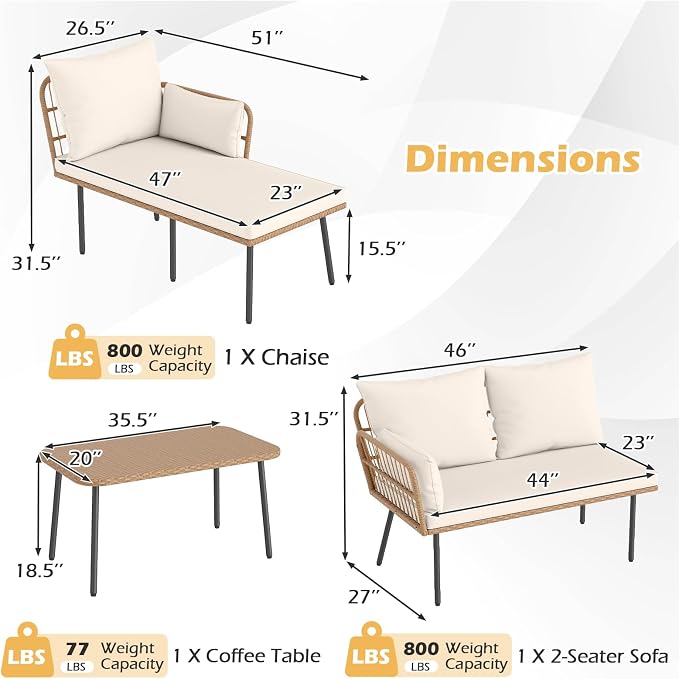 Tangkula 3 Pieces L-Shaped Patio Furniture Set, Outdoor Sectional Cushioned Sofa with Coffee Table, Removable Cushions, Boho Rattan Outdoor Conversation Set for Backyard Porch Balcony (White)