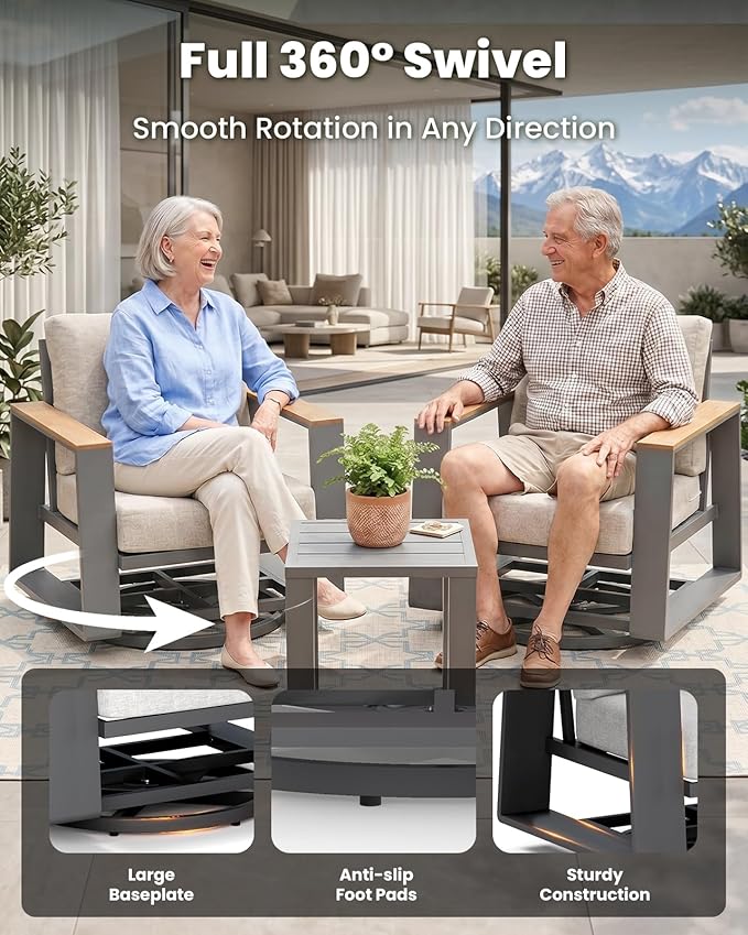 Aluminum Outdoor Patio Furniture Set, 4-Piece Patio Conversation Set with 5" Thick Cushions, Aluminum 360-Degree Large Outdoor Furntiure Set with Side Table and Loveseat, Gray