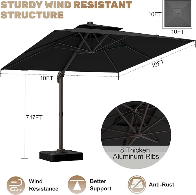 10x10Ft Patio Umbrella Outdoor Cantilever Rectangle Umbrella, 6-Level Tilt & 360° Rotation Offset Umbrella for Garden, Deck, Pool(Black)