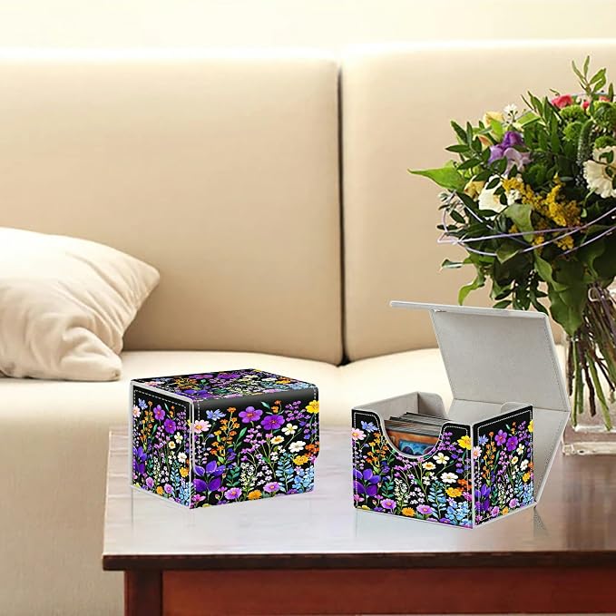 Card Deck Box for MTG, Cards Storage Box Fits 120+ Sleeved, Leather Small Size Strong Magnetic Closing Card Case for Board Games Magic TCG CCG Baseball Collection, Purple Wildflower