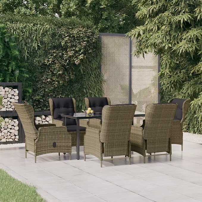 7 Piece Patio Dining Set Brown Poly Rattan with 6 Adjustable Reclining Chairs & Cushions, Outdoor Rattan Dining Table with Tempered Glass Weather Resistant Conversation Set for Garden Backyard Deck