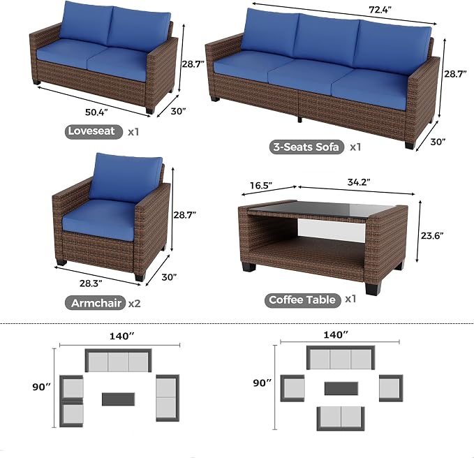 Garvee Outdoor Patio Furniture Set 5 Pieces, PE Rattan Wicker sectional Patio Conversation Set with Waterproof Cusions and Coffee Table, Brown and Blue