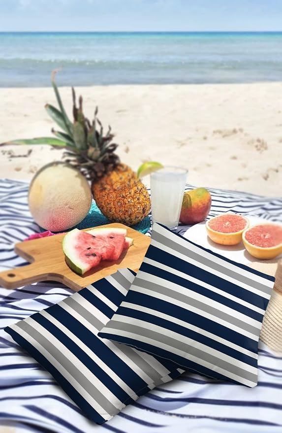 Outdoor Waterproof Throw Pillow Covers 16x16Inch, Navy Blue Cushions for Garden Patio Furniture Chairs Set of 2, Gray and White Stripes Home Decor Couch Sofa Polyester Pillow Cases