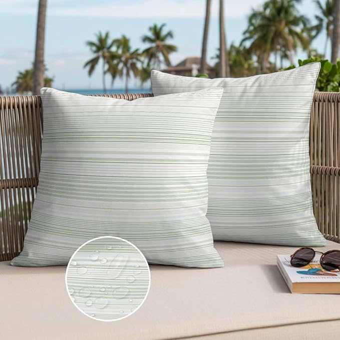 Sage Green Stripe Waterproof Outdoor Pillow Covers Set of 2 Home Decor, Abstract Art Modern Vertical Striped Pillowcase Patio Pillow Covers for Couch Bench Furniture Garden 18x18in