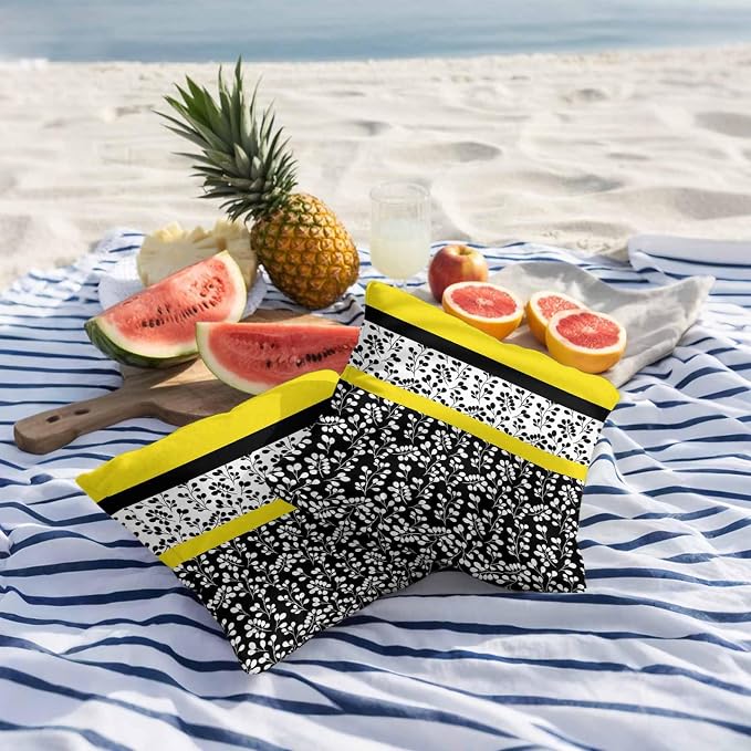 Black Yellow Outdoor Pillow Covers 16x16 Inch Throw Pillow Covers Set of 2 Waterproof Decorative Pillow Cases Garden Floral Stripe Aesthetic Flower Boho Cushion Covers for Patio Furniture Garden Couch