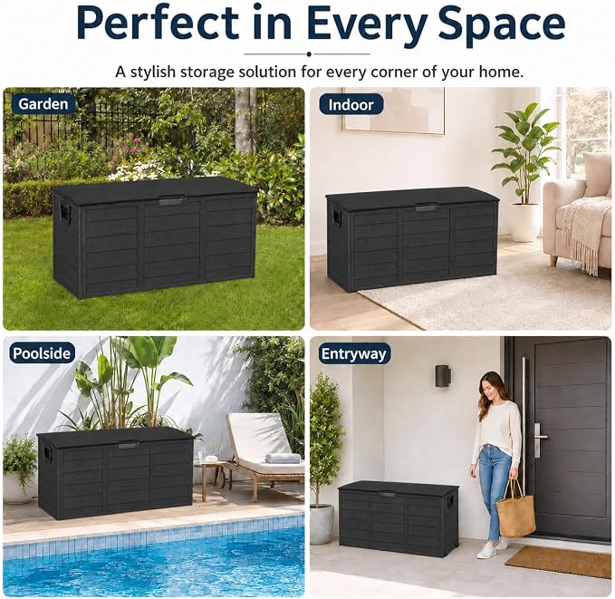 75 Gallon Resin Deck Box, Waterproof Outdoor Storage Box with Wheels, Lockable Lid and Handles, Large Deck Storage for Outdoor Gear, Patio Furniture Cushion, Gardening Tools, Jet Black