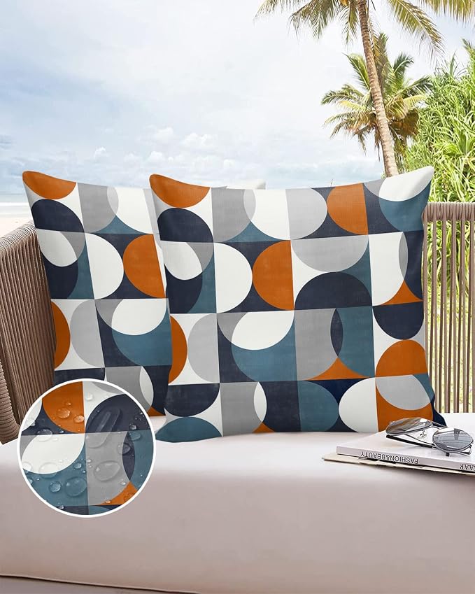 Vandarllin Outdoor Throw Pillows Covers 20x20 inch Set of 2 Waterproof Mid Century Geometric Decorative Zippered Cushion Covers for Patio Furniture, Abstract Modern Orange Blue Lumbar Pillowcases