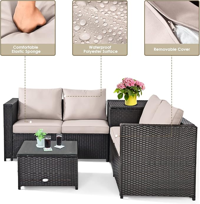 DORTALA 4 Pieces Outdoor Patio Furniture Set, Weather Resistant PE Rattan Conversation Set with 2 Loveseats, Outdoor Sectional Sofa Set with Comfy Cushions for Garden and Poolside, Brown