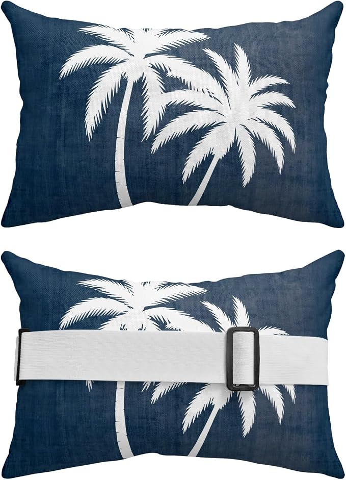Navy Blue Palm Trees Outdoor Pillows for Chaise Lounge Chair Waterproof Lumbar Pillows with Insert&Adjustable Strap Beach Headrest Pillow Summer Coastal Tropical Botanical Recliner Pool Pillow 11"x16"