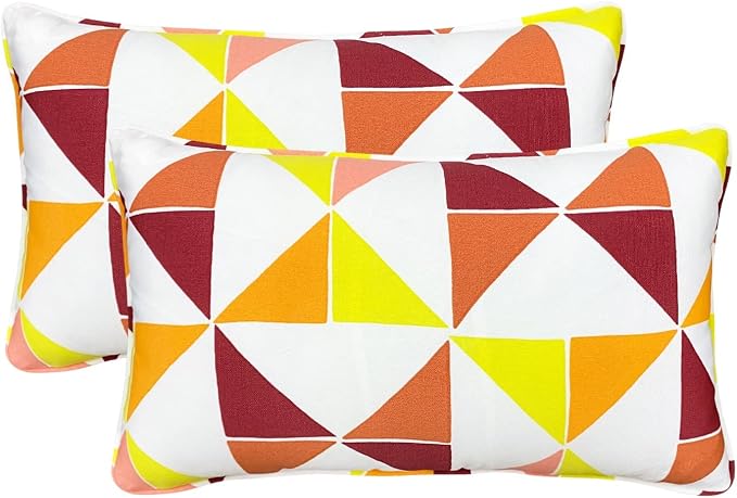 Pack of 2 Outdoor Waterproof Decorative Lumbar Pillows with Inserts for Patio Furniture, 20x12 Inch Fade Resistant Patio Garden Lumbar Cushions for Couch Bed Sofa, Triangular Multi