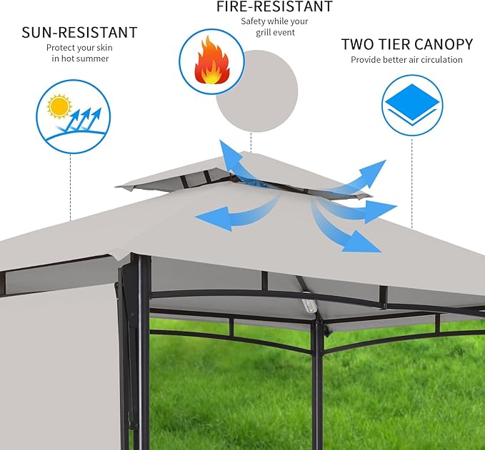 FAB BASED 5x8 Grill Gazebo with Extra Awning, All-Weather Steel Construction, Double Tiered & Resistant Canopy Roof, Metal Serving Shelves, 2 LED, Bottle Opener for Patio, Backyard, BBQ (Light Gray)