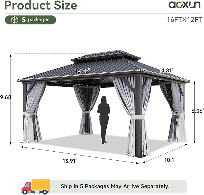 Aoxun 12’x16’ Hardtop Gazebo, Permanent Metal Pavilion with Galvanized Steel Double Roof, Outdoor Pergola with Nettings and Curtains for Lawn, Garden, Patio (Gray)