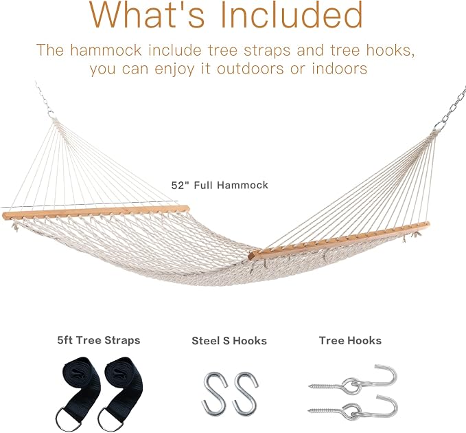 Gafete Rope Hammocks Swing with 5ft Tree Straps, Traditional Hand Woven Cotton 52" Double Hammock with Free Chains & Straps & Hooks & Hardwood Spreader Bar for Outside Outdoor, Max 450Lbs (Natural)