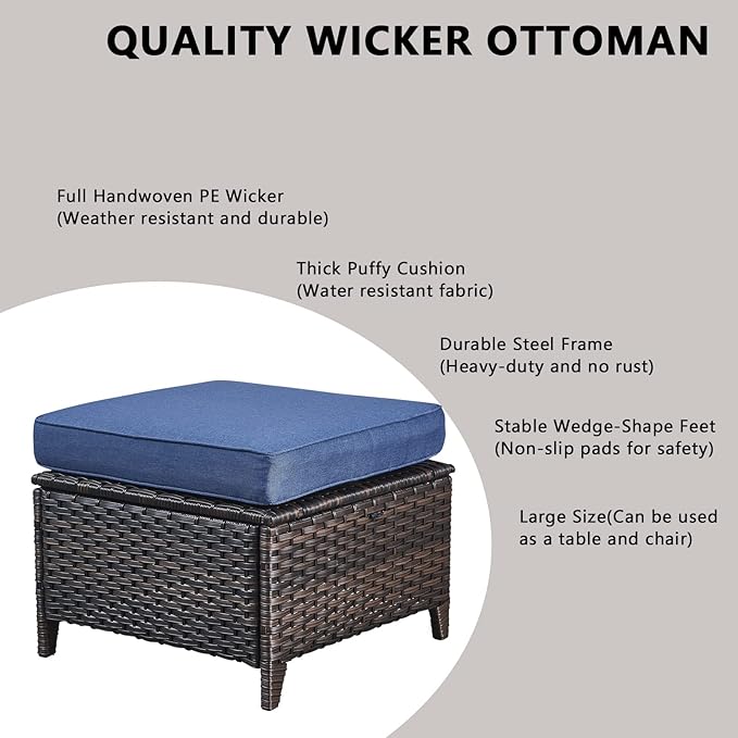Rilyson Luxury Outdoor Wicker Patio Ottomans Set of 2, 250 lbs Capacity Rattan Large Ottomans for Patio Footrest Set 22.8in*22.8in*14in with 3.5in Thick Cushion (Brown/Blue)