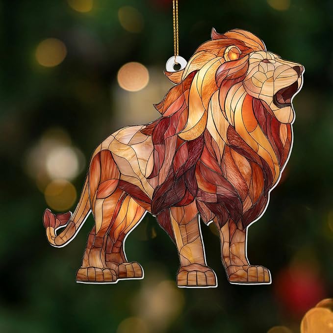 Lion Stained Glass Ornament Acrylic Window Hanging Sun Catcher – Wildlife Animal Decor for Christmas Tree, Rearview Mirror, Home & Car Accessories, Safari Gifts for Men Women, Symbol of StrengthSun-26