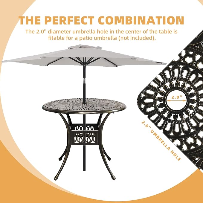 5 Piece Patio Dining Set, Outdoor Table and Chairs Set for 4 Cushioned Swivel Rocking Chairs and 35.4'' Round Table, All-Weather Cast Aluminum Patio Funiture Set, 2'' Umbrella Hole