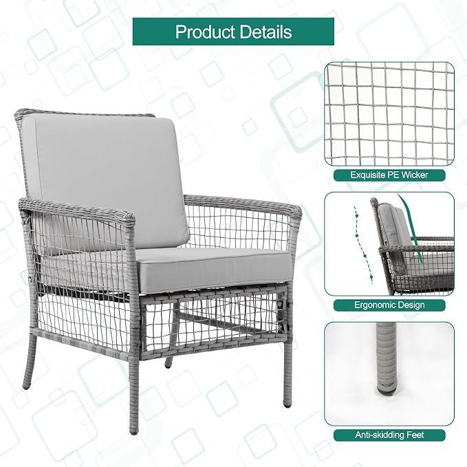 DECMICO 4 Pieces Outdoor Patio Furniture Set, Wicker Rattan Chairs & Loveseat Couch with Side Table and Cushions, All-Weather Patio Seating Set for Backyard, Deck, Porch (Light Gray)